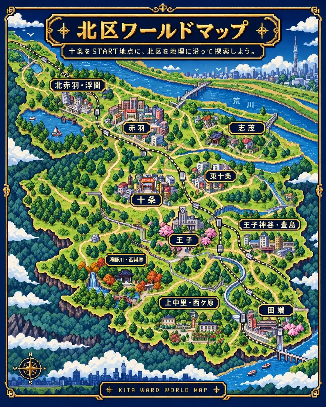 北区各地をRPG風の地域として描いたワールドマップ。地域を選ぶと、そのエリアの記事一覧へ移動できます
