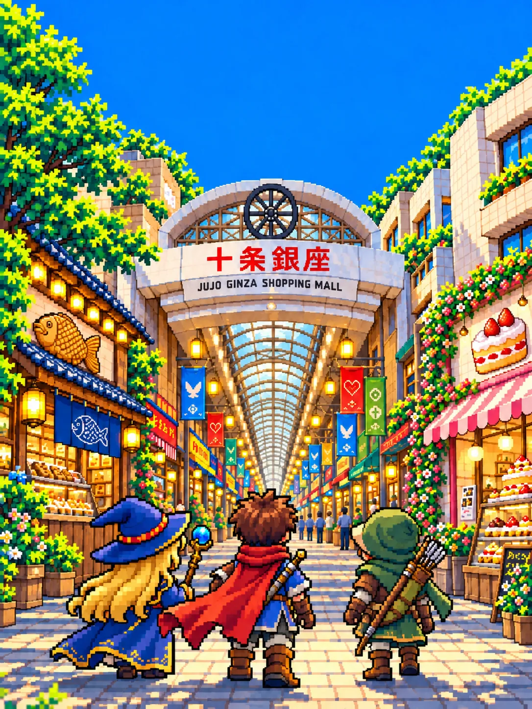 十条銀座の入口と商店街を眺める3人の冒険者を描いたドット絵